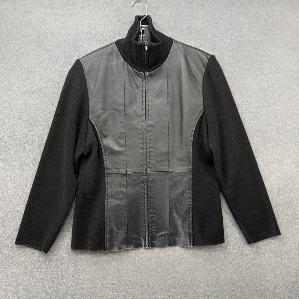 Coldwater Creek PS Black Leather Front Wool Blend Zip Cardigan Sweater